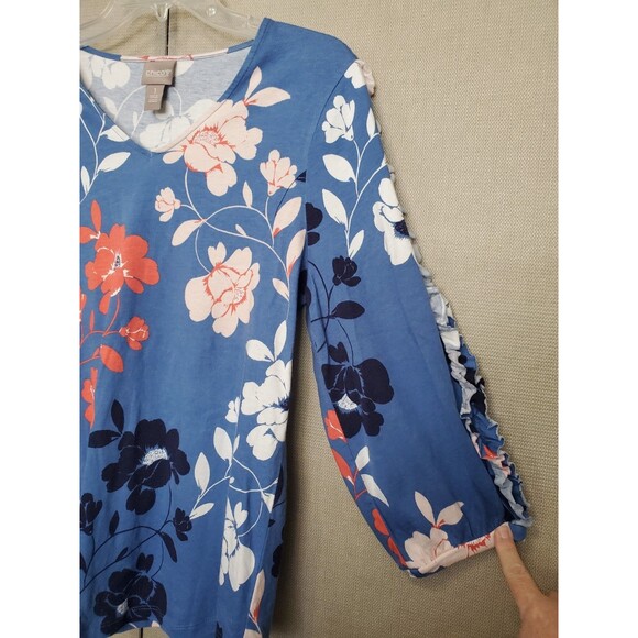 Chico's Cotton/Modal Floral Troupe Puff-Sleeve V-Neck T-Shirt Ruffle Size 1 Med - Picture 2 of 7